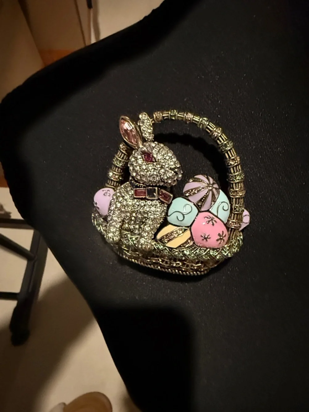 Heidi Daus Sparkling Bunny in Easter Basket Brooch - Pink, Mint & Gold